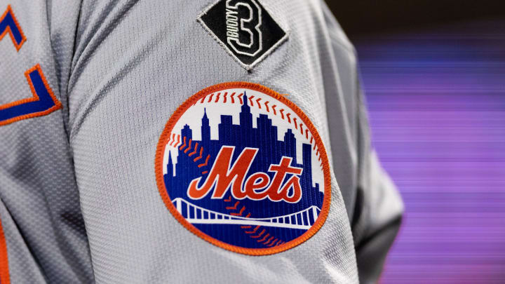 May 15, 2024; Philadelphia, Pennsylvania, USA; New York Mets logo on the sleeve of J.D. Martinez during a game against the Philadelphia Phillies at Citizens Bank Park. Mandatory Credit: Bill Streicher-USA TODAY Sports May 15, 2024; Philadelphia, Pennsylvania, USA; New York Mets logo on the sleeve of J.D. Martinez during a game against the Philadelphia Phillies at Citizens Bank Park. Mandatory Credit: Bill Streicher-USA TODAY Sports