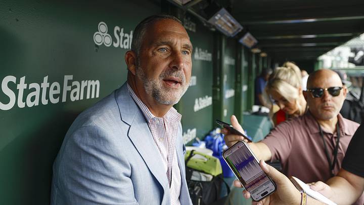 Jul 4, 2025; Chicago, Illinois, USA; St. Louis Cardinals president of baseball operations John Mozeliak speaks before a baseball game against the Chicago Cubs at Wrigley Field. Mandatory Credit: Kamil Krzaczynski-Imagn Images