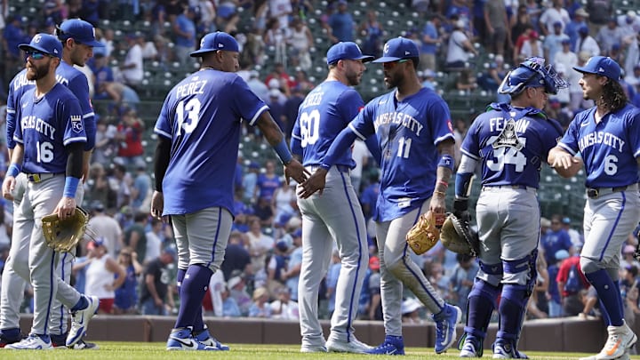 Jul 23, 2025; Chicago, Illinois, USA; The Kansas City Royals celebrate their win against the Chicago Cubs at Wrigley Field. 