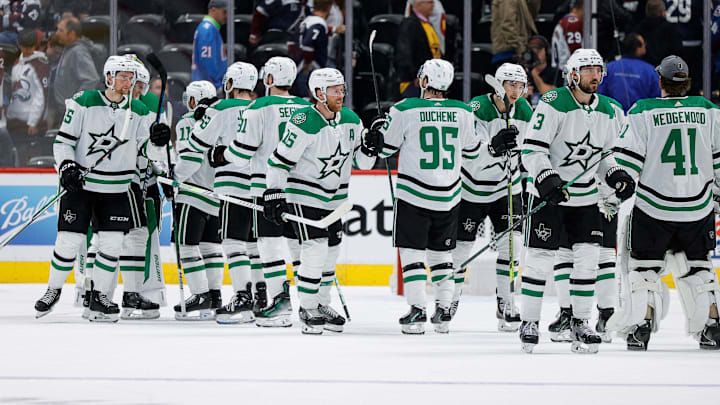May 11, 2024; Denver, Colorado, USA; Dallas Stars center Joe Pavelski (16) and center Matt Duchene