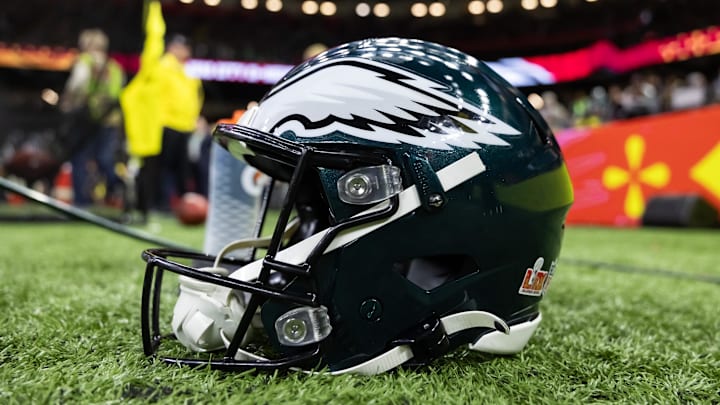 Feb 9, 2025; New Orleans, LA, USA; Detailed view of a Philadelphia Eagles helmet during Super Bowl LIX at Ceasars Superdome. Mandatory Credit: Mark J. Rebilas-Imagn Images
