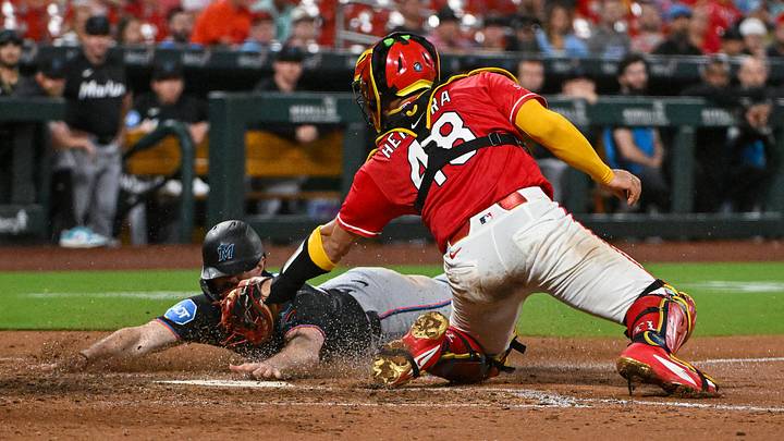 Marlins third baseman Graham Pauley scores against St. Louis on Friday