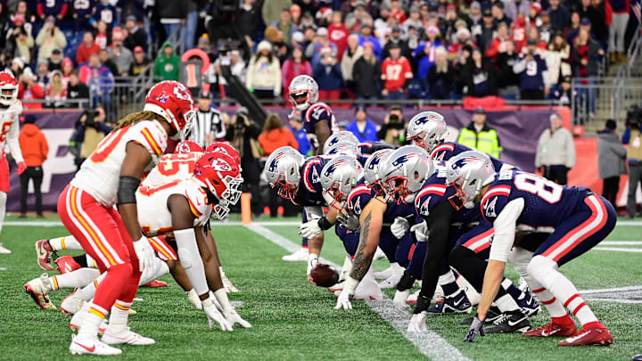 Dec 17, 2023; Foxborough, Massachusetts, USA; The New England Patriots offensive line and Kansas