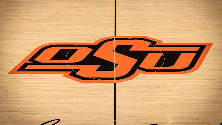 Dec 18, 2025; Stillwater, Oklahoma, USA; Center court logo prior to the game between the Oklahoma State Cowboys and the Kansas City Roos at Gallagher-Iba Arena. Mandatory Credit: William Purnell-Imagn Images