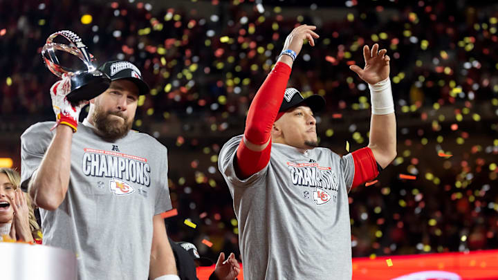 Patrick Mahomes and Travis Kelce celebrated their fifth AFC championship this year