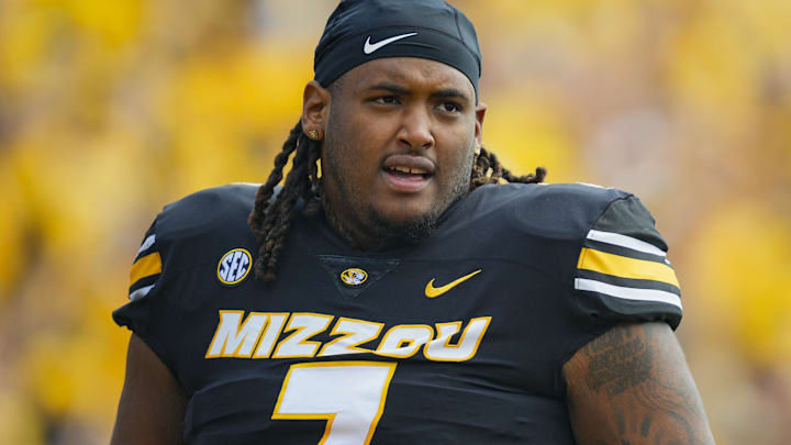 Sep 6, 2025; Columbia, Missouri, USA; Missouri Tigers defensive tackle Chris McClellan (7) prior to a game against the Kansas Jayhawks at Faurot Field at Memorial Stadium. 