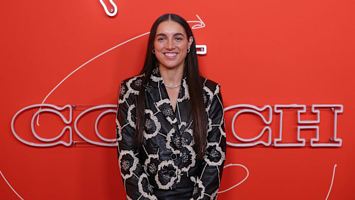 Apr 14, 2025; New York, New York, USA; Georgia Amoore on the orange carpet before the 2025 WNBA Draft at The Shed at Hudson Yards. Mandatory Credit: Vincent Carchietta-Imagn Images