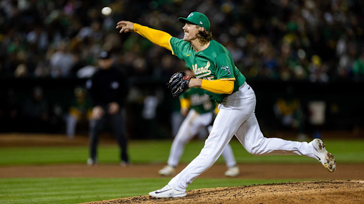Sep 20, 2024; Oakland, California, USA; Oakland Athletics pitcher Tyler Ferguson (65) throws a pitch during the eighth inning against the New York Yankees at Oakland-Alameda County Coliseum. Mandatory Credit: Bob Kupbens-Imagn Images Sep 20, 2024; Oakland, California, USA; Oakland Athletics pitcher Tyler Ferguson (65) throws a pitch during the eighth inning against the New York Yankees at Oakland-Alameda County Coliseum. Mandatory Credit: Bob Kupbens-Imagn Images