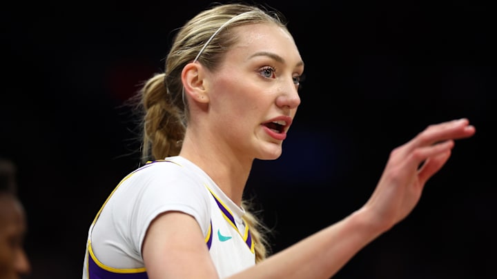 Sep 9, 2025; Phoenix, Arizona, USA; Los Angeles Sparks forward Cameron Brink (22) against the Phoenix Mercury during a WNBA game at PHX Arena.