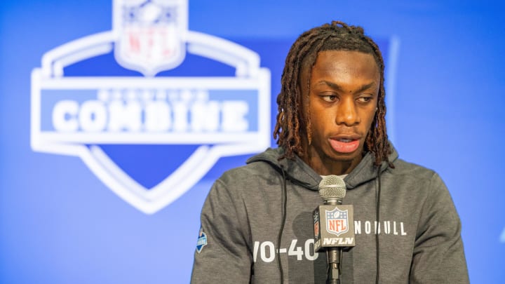 Mar 1, 2024; Indianapolis, IN, USA; Texas wide receiver Xavier Worthy (WO40) talks to the media during the 2024 NFL Combine at Lucas Oil Stadium. Mandatory Credit: Trevor Ruszkowski-USA TODAY Sports