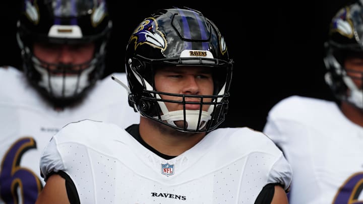 Oct 8, 2023; Pittsburgh, Pennsylvania, USA;  Baltimore Ravens center Tyler Linderbaum (64) takes the