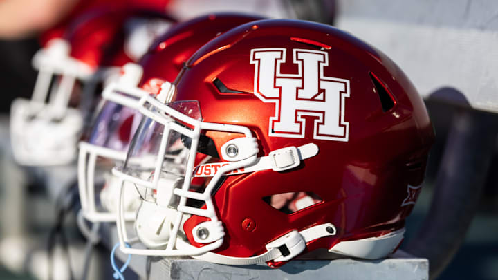 Detailed view of a Houston Cougars helmet at Mountain America Stadium. 