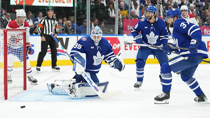 Oct 11, 2023; Toronto, Ontario, CAN; Toronto Maple Leafs defenseman TJ Brodie (78) looks for the puck in front of  goaltender Ilya Samsonov (35) against the Montreal Canadiens during the second period at Scotiabank Arena. Mandatory Credit: Nick Turchiaro-Imagn Images