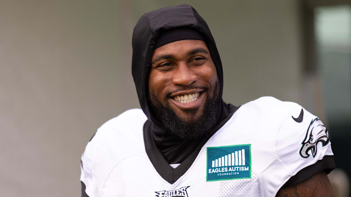 Aug 3, 2023; Philadelphia, PA, USA; Philadelphia Eagles linebacker Haason Reddick during practice at Novacare Complex. Mandatory Credit: Bill Streicher-Imagn Images