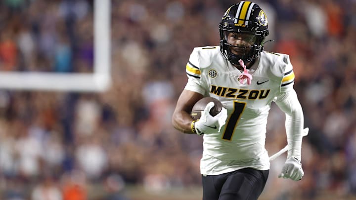 Oct 18, 2025; Auburn, Alabama, USA;  Missouri Tigers wide receiver Donovan Olugbode (1) gets open during the fourth quarter against the Auburn Tigers at Jordan-Hare Stadium.  Mandatory Credit: John Reed-Imagn Images