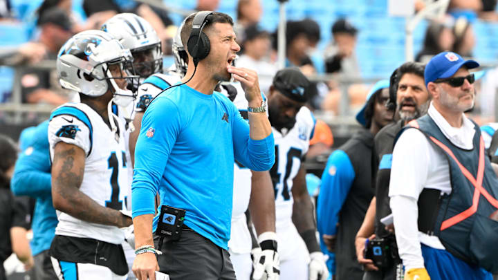 Sep 15, 2024; Charlotte, North Carolina, USA; Carolina Panthers head coach Dave Canales reacts in the fourth quarter at Bank of America Stadium. Mandatory Credit: Bob Donnan-Imagn Images