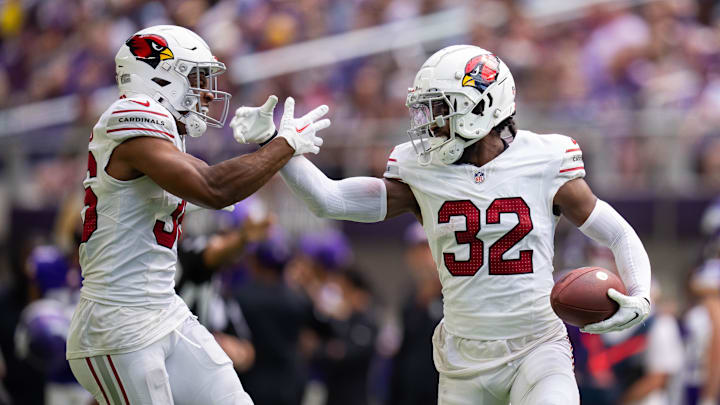 Aug 26, 2023; Minneapolis, Minnesota, USA; Arizona Cardinals safety Sean Chandler (32) celebrates
