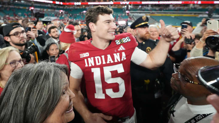 Jan 19, 2026; Miami Gardens, FL, USA; Indiana Hoosiers quarterback Fernando Mendoza (15) gestures after the CFP National Championship college football game against the Miami Hurricanes at Hard Rock Stadium. Mandatory Credit: Kirby Lee-Imagn Images