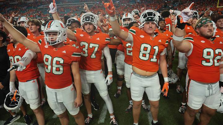 Aug 31, 2025; Miami Gardens, Florida, USA; The Miami Hurricanes react after defeating the Notre Dame Fighting Irish at Hard Rock Stadium. Mandatory Credit: Sam Navarro-Imagn Images
