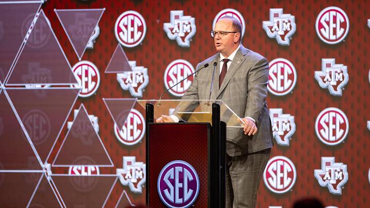 Texas A&M head coach Mike Elko speaking at Omni Dallas Hotel. 