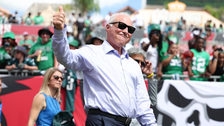 Sep 28, 2025; Tampa, Florida, USA; Philadelphia Eagles owner Jeffrey Lurie enters the field before the game against the Tampa Bay Buccaneers at Raymond James Stadium. Sep 28, 2025; Tampa, Florida, USA; Philadelphia Eagles owner Jeffrey Lurie enters the field before the game against the Tampa Bay Buccaneers at Raymond James Stadium.
