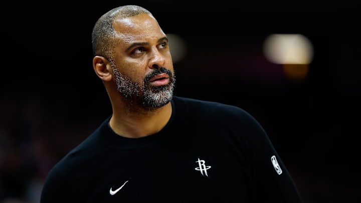 Dec 21, 2025; Sacramento, California, USA; Houston Rockets head coach Ime Udoka looks on during the second quarter against the Sacramento Kings at Golden 1 Center. Mandatory Credit: Sergio Estrada-Imagn Images