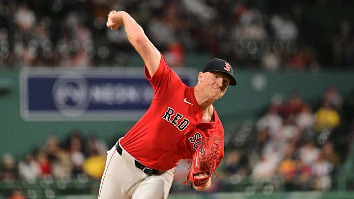 Sep 27, 2024; Boston, Massachusetts, USA; Boston Red Sox starting pitcher Nick Pivetta (37) pitches against the Tampa Bay Rays during first inning at Fenway Park. Mandatory Credit: Eric Canha-Imagn Images