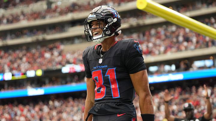 Oct 26, 2025; Houston, Texas, USA; Houston Texans wide receiver Jayden Higgins (81) reacts after catching a pass for a touchdown during the second quarter against the San Francisco 49ers at NRG Stadium. Mandatory Credit: Sean Thomas-Imagn Images Oct 26, 2025; Houston, Texas, USA; Houston Texans wide receiver Jayden Higgins (81) reacts after catching a pass for a touchdown during the second quarter against the San Francisco 49ers at NRG Stadium. Mandatory Credit: Sean Thomas-Imagn Images