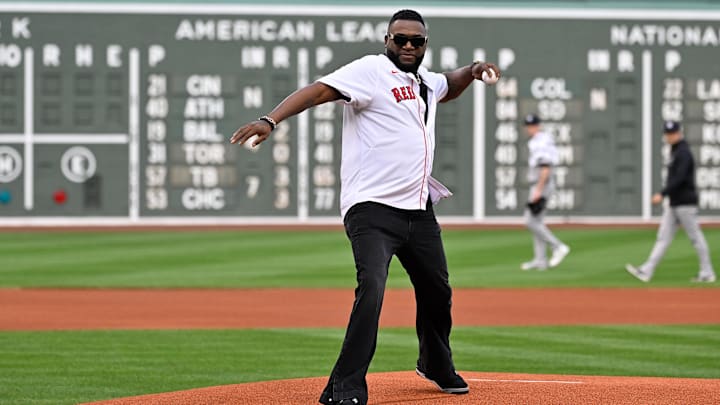 Sep 13, 2025; Boston, Massachusetts, USA; Current FOX Sports analyst and former Boston Red Sox designated hitter David Ortiz throws out the first pitch before a game between the Boston Red Sox and the New York Yankees at Fenway Park. Mandatory Credit: Eric Canha-Imagn Images