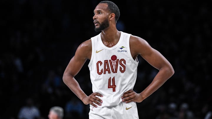Feb 20, 2025; Brooklyn, New York, USA; Cleveland Cavaliers forward Evan Mobley (4) during the first half against the Brooklyn Nets at Barclays Center. Mandatory Credit: John Jones-Imagn Images