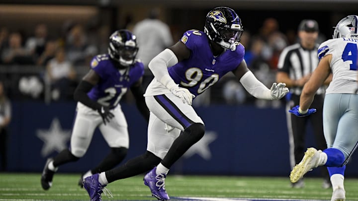 Aug 16, 2025; Arlington, Texas, USA; Baltimore Ravens linebacker David Ojabo (90) rushes the line during the game between the Dallas Cowboys and the Baltimore Ravens at AT&T Stadium. Mandatory Credit: Jerome Miron-Imagn Images Aug 16, 2025; Arlington, Texas, USA; Baltimore Ravens linebacker David Ojabo (90) rushes the line during the game between the Dallas Cowboys and the Baltimore Ravens at AT&T Stadium. Mandatory Credit: Jerome Miron-Imagn Images