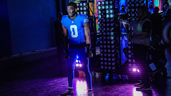 Detroit Lions cornerback Terrion Arnold (0) waits to run out of the tunnel at the start of the Thursday Night Football against the Green Bay Packers at Ford Field in Detroit on Thursday, Dec. 5, 2024.