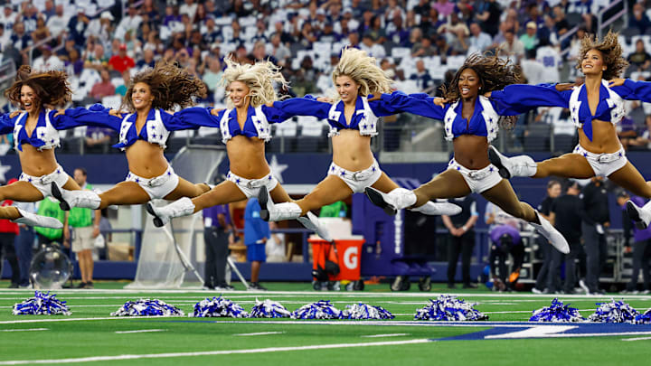 The Dallas Cowboys Cheerleaders perform during the game against the Baltimore Ravens at AT&;T Stadium.
