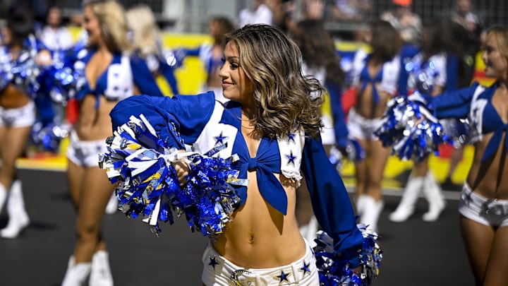 The Dallas Cowboys cheerleaders perform before the start of the 2024 Formula One US Grand Prix at Circuit of the Americas.