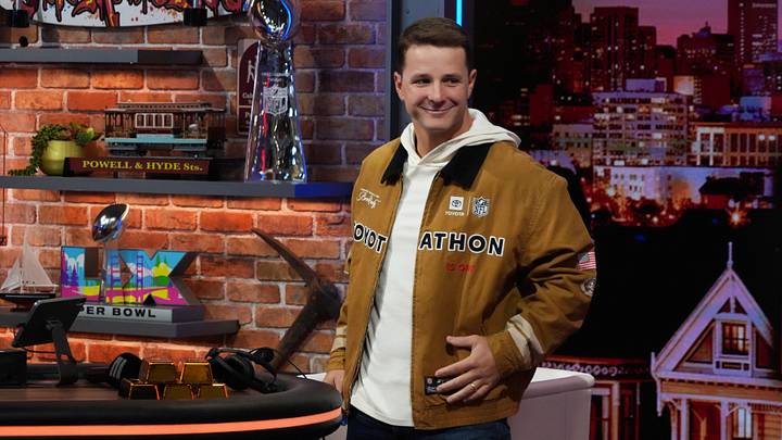 Feb 5, 2026; San Franciso, CA, USA; San Francisco 49ers quarterback Brock Purdy on the Pat McAfee show set at the Super Bowl LX media center at the Moscone Center. Mandatory Credit: Kirby Lee-Imagn Images Feb 5, 2026; San Franciso, CA, USA; San Francisco 49ers quarterback Brock Purdy on the Pat McAfee show set at the Super Bowl LX media center at the Moscone Center. Mandatory Credit: Kirby Lee-Imagn Images