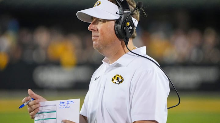 Aug 29, 2024; Columbia, Missouri, USA; Missouri Tigers head coach Eli Drinkwitz on field against the Murray State Racers during the game at Faurot Field at Memorial Stadium. Mandatory Credit: Denny Medley-Imagn Images