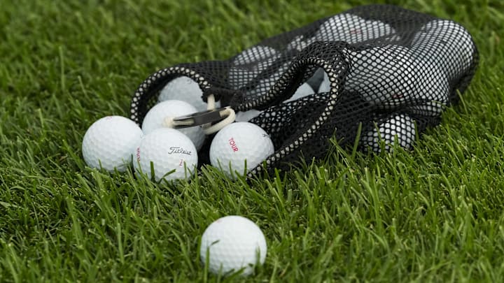 A general view of a bag of golf balls