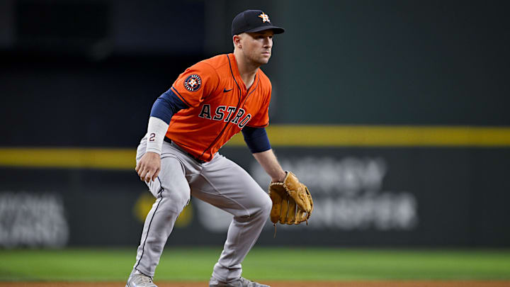 Houston Astros third baseman Alex Bregman (2) in action during a game between the Texas Rangers and the Houston Astros at Globe Life Field.