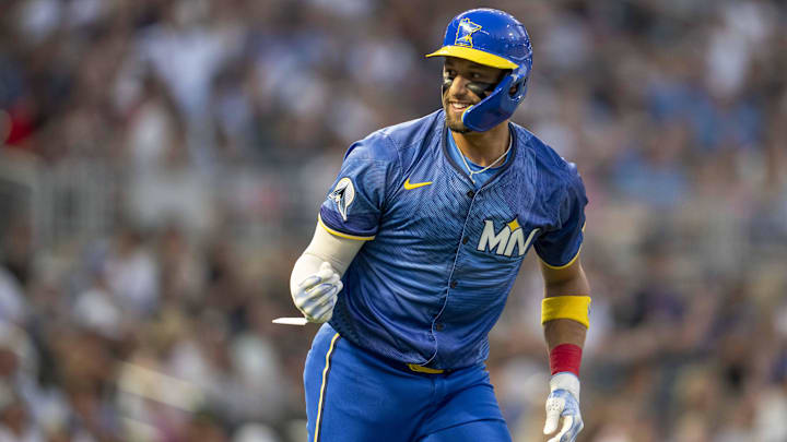 Minnesota Twins designated hitter Royce Lewis celebrates towards the dugout after reaching first base on a walk against the Chicago White Sox in the fifth inning at Target Field in Minneapolis on Aug. 2, 2024.