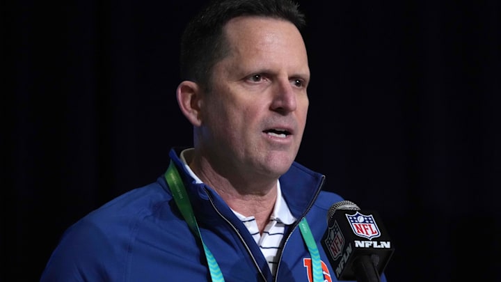 Feb 28, 2023; Indianapolis, IN, USA; Denver Broncos general manager George Paton during the NFL combine at the Indiana Convention Center. Mandatory Credit: Kirby Lee-Imagn Images