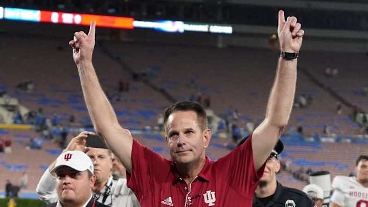 Indiana Hoosiers head coach Curt Cignetti reacts after winning a game this season en route to a 5–0 record.