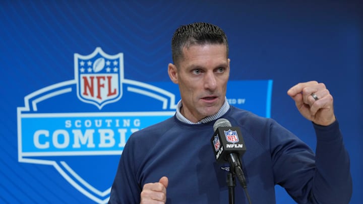 Feb 27, 2025; Indianapolis, IN, USA; Houston Texans general manager Nick Caserio speaks during the 2025 NFL Scouting Combine at the Indiana Convention Center. Mandatory Credit: Kirby Lee-Imagn Images