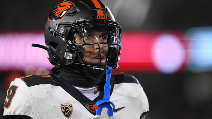Oct 8, 2022; Stanford, California, USA; Oregon State Beavers wide receiver Makiya Tongue (9) during the second quarter against the Stanford Cardinal at Stanford Stadium. Mandatory Credit: Darren Yamashita-Imagn Images