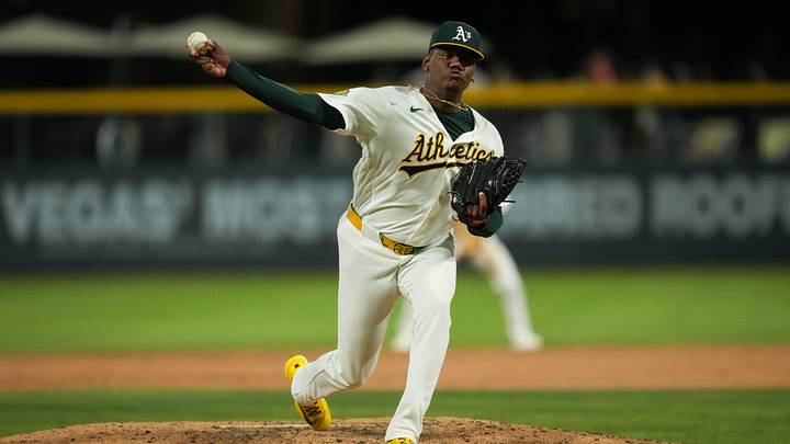 Jun 13, 2026; Summerlin, Nevada, USA; Athletics pitcher Elvis Alvarado (37) pitches against the Colorado Rockies during the ninth inning at the Las Vegas Ballpark. Mandatory Credit: Lucas Peltier-Imagn Images Jun 13, 2026; Summerlin, Nevada, USA; Athletics pitcher Elvis Alvarado (37) pitches against the Colorado Rockies during the ninth inning at the Las Vegas Ballpark. Mandatory Credit: Lucas Peltier-Imagn Images