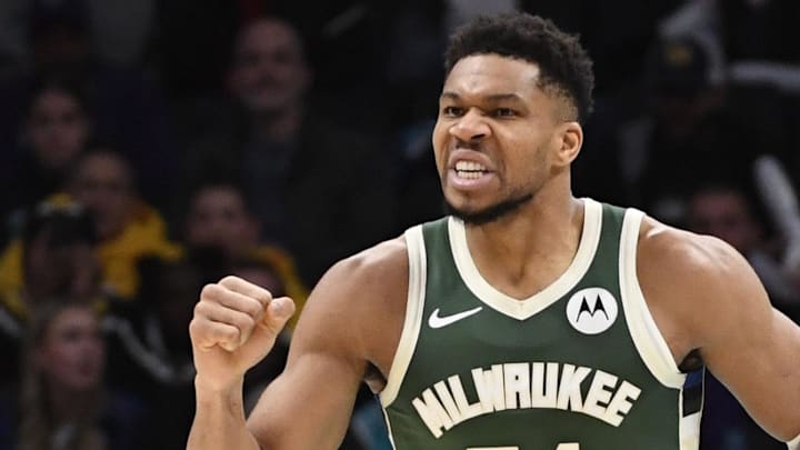 Dec 29, 2025; Charlotte, North Carolina, USA;  Milwaukee Bucks forward Giannis Antetokounmpo (34) reacts after scoring during the second half against the Charlotte Hornets at the Spectrum Center. Mandatory Credit: Sam Sharpe-Imagn Images
