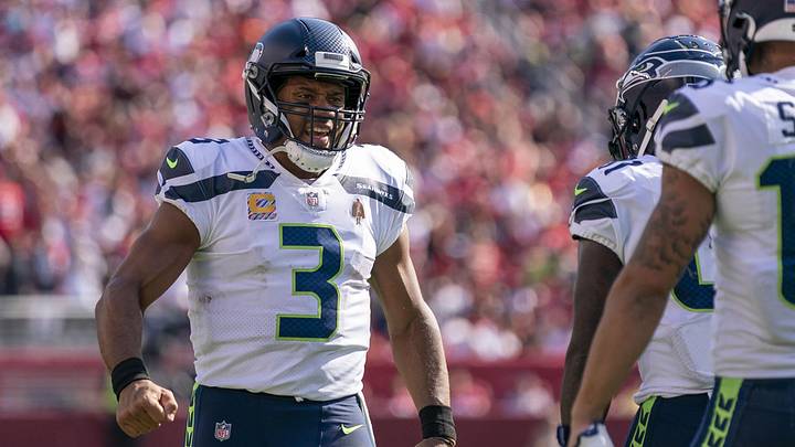 October 3, 2021; Santa Clara, California, USA; Seattle Seahawks quarterback Russell Wilson (3) celebrates with wide receiver Freddie Swain (18) after a touchdown against the San Francisco 49ers during the third quarter at Levi's Stadium.