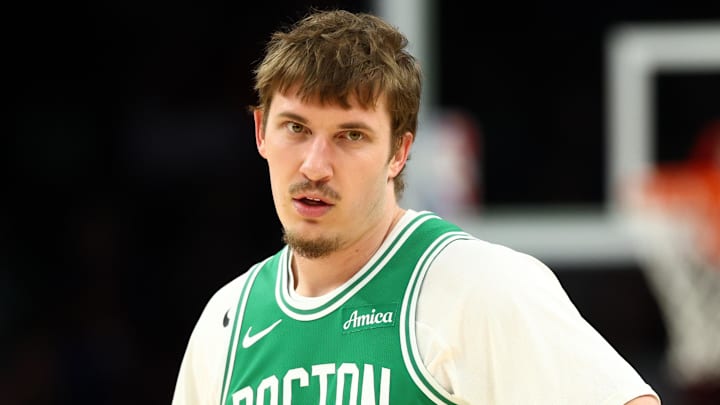 Feb 24, 2026; Phoenix, Arizona, USA; Boston Celtics guard Baylor Scheierman (55) against the Phoenix Suns at Mortgage Matchup Center. Mandatory Credit: Mark J. Rebilas-Imagn Images Feb 24, 2026; Phoenix, Arizona, USA; Boston Celtics guard Baylor Scheierman (55) against the Phoenix Suns at Mortgage Matchup Center. Mandatory Credit: Mark J. Rebilas-Imagn Images