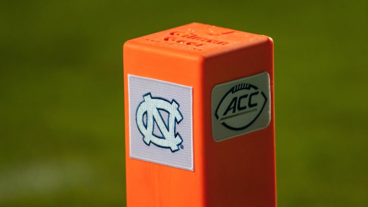 Sep 12, 2015; Chapel Hill, NC, USA; A pylon marks the endzone with the North Carolina Tar Heels and ACC logo during the game against the North Carolina A&T Aggies at Kenan Memorial Stadium. The Tar Heels defeated North Carolina A&T Aggies 53-14. Mandatory Credit: Jeremy Brevard-Imagn Images