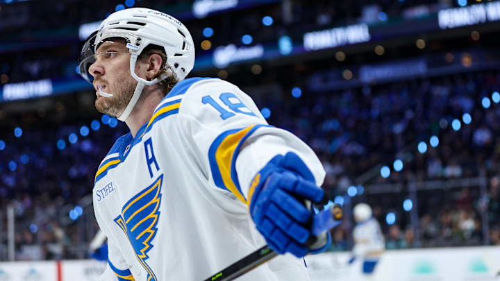 Mar 4, 2026; Seattle, Washington, USA; St. Louis Blues center Robert Thomas (18) looks on in first period against the Seattle Kraken at Climate Pledge Arena. Mandatory Credit: Kevin Ng-Imagn Images