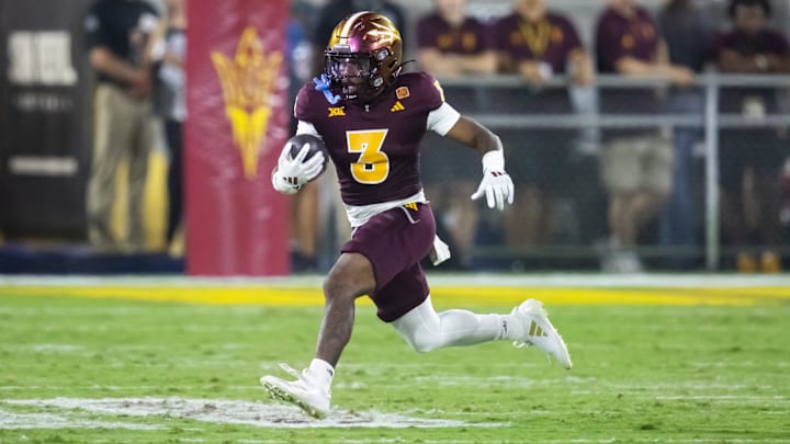 Oct 5, 2024; Tempe, Arizona, USA; Arizona State Sun Devils running back Raleek Brown (3) against the Kansas Jayhawks at Mountain America Stadium. Mandatory Credit: Mark J. Rebilas-Imagn Images